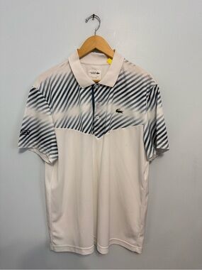Lacoste Men's White Polo with Navy Diagonal Stripe Yoke